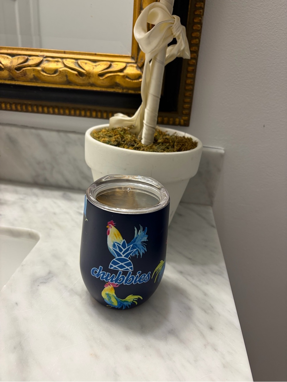 Chubbies Navy Blue Tumbler with Colorful Rooster Pineapple Motif